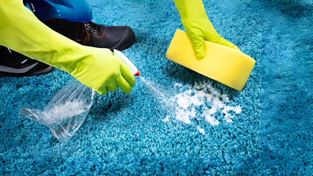 Person diligently cleaning a carpet with a spray and a scrub