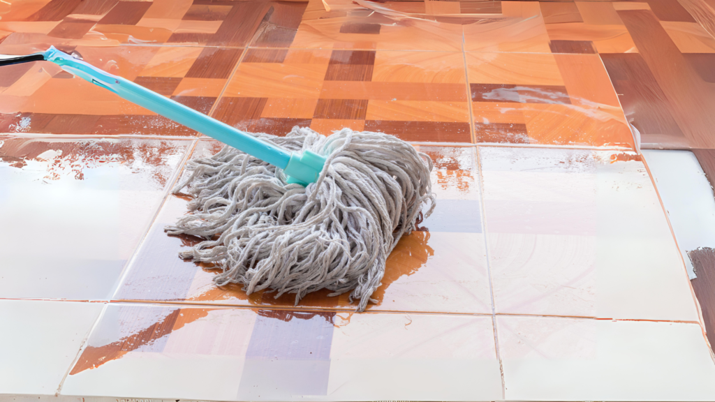 washing and mopping the tile floors