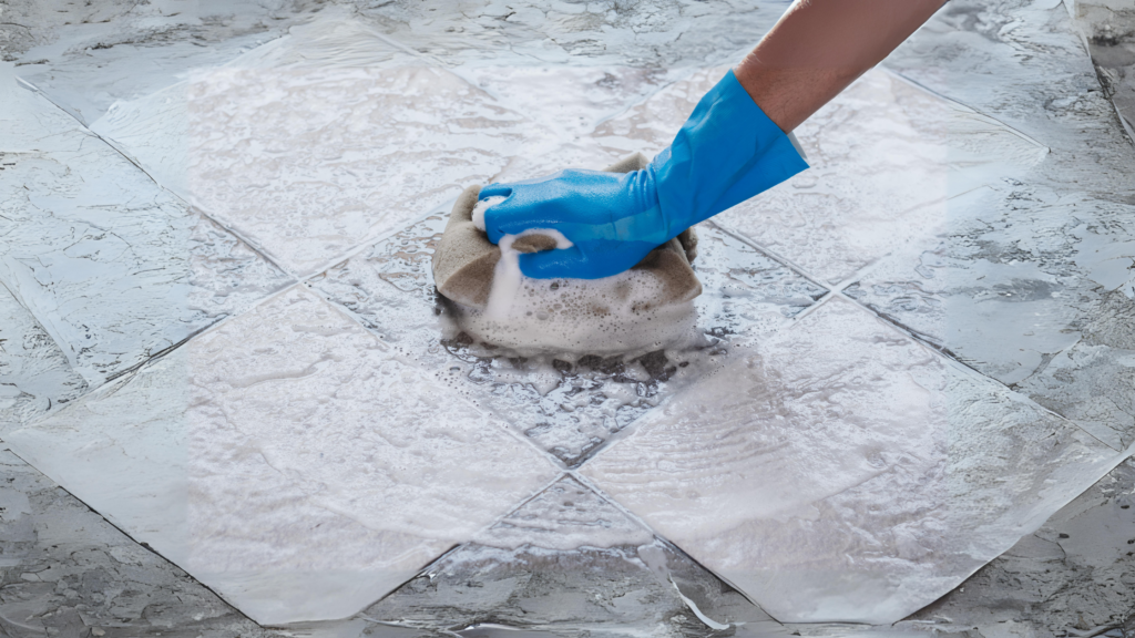 scrubbing and removing stains from the tile floors