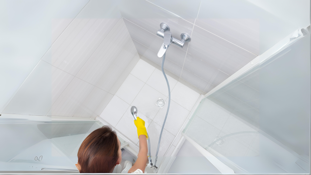 Rinsing the shower tile floors with water to remove excess stains or debris