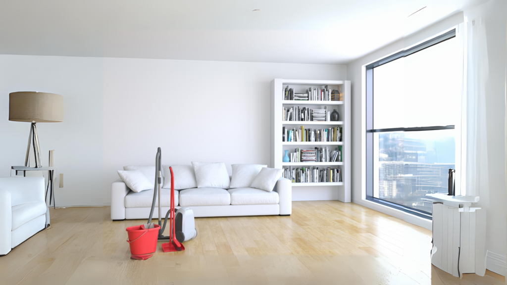 an image of a clean house with cleaning supplies 
