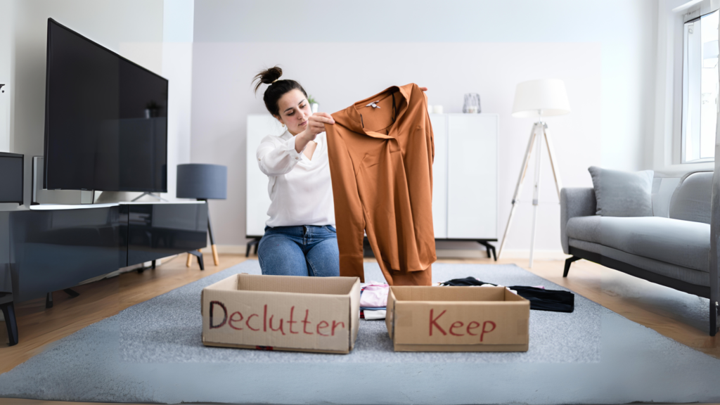 a woman decluttering clothes 